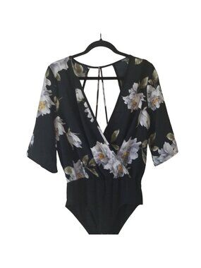 Floral Print Black Wrap Bodysuit With 3/4 Sleeves & Strappy Back Size M